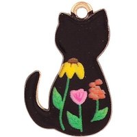Pendentif en alliage émaillé, chat, noir, 25x16mm — Breloques et pendentifs