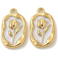 304 Stainless Steel Enamel Flower Pattern Oval Pendant