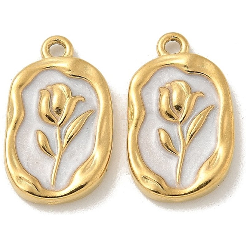 304 Stainless Steel Enamel Flower Pattern Oval Pendant — Charms & Pendants