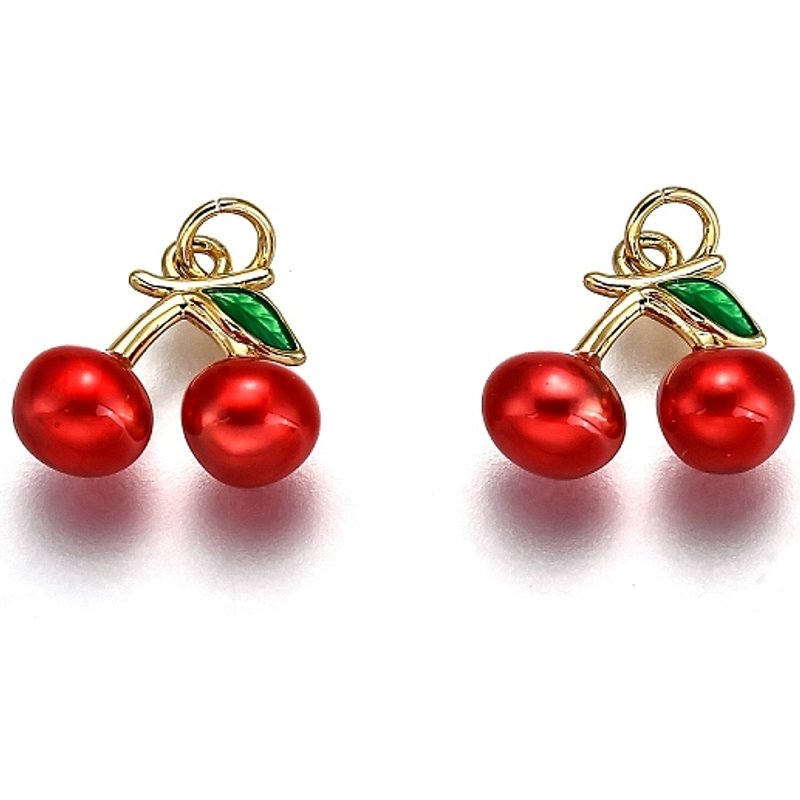 Brass Enamel Cherry Charms - 18K Gold Plated, Red — Charms & Pendants