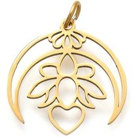 304 Stainless Steel Moon with Flower Charm Pendant, 18K Gold Plated