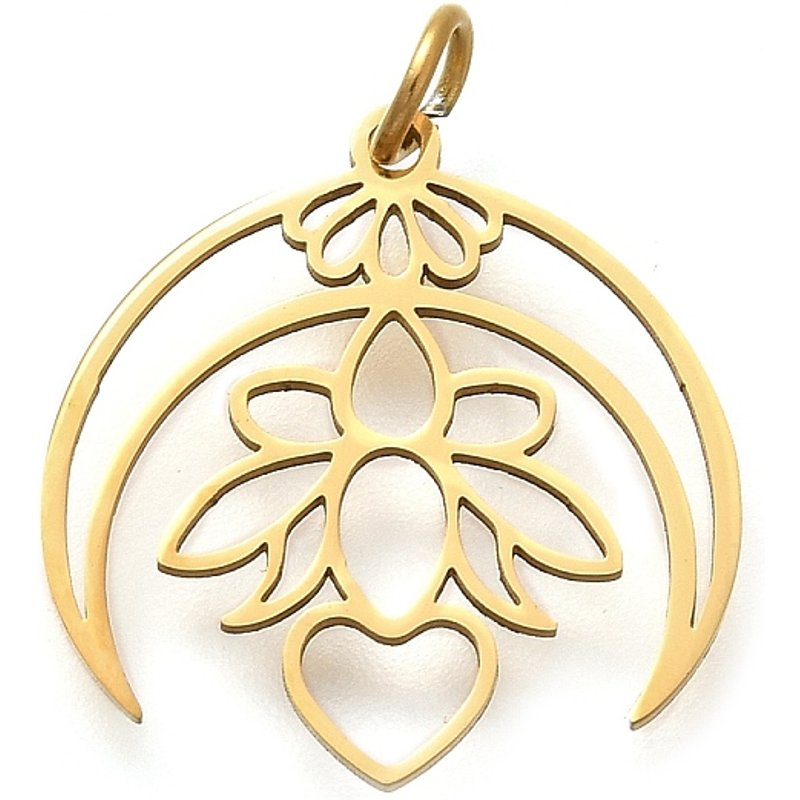 Pendentif en Acier Inoxydable 304, Charme Lune avec Fleur, Plaqué Or 18K — Breloques et pendentifs