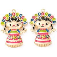 Brass Enamel Mexico Doll Charm Pendant, 18K Gold Plated