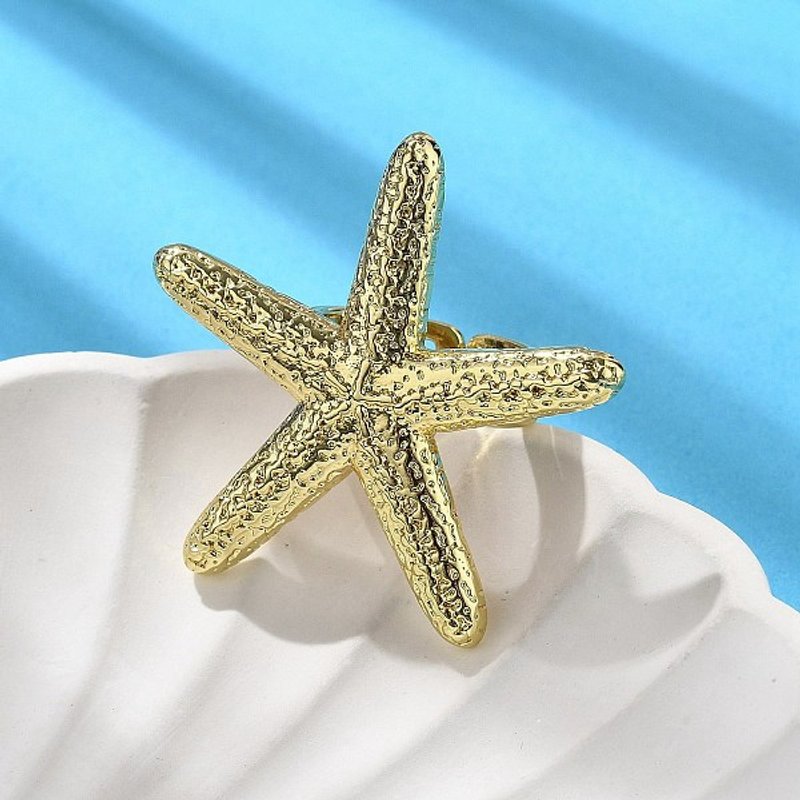 Starfish Brass Cuff Rings for Women, Adjustable Inner Diameter — Costume Jewelry