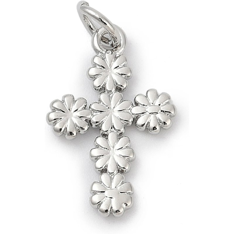 Pendentif en laiton, croix avec charme de fleur, sans plomb, plaqué platine — Breloques et pendentifs