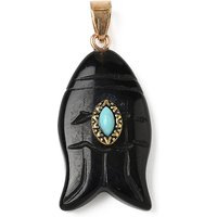 Natural Black Obsidian & Turquoise Fish Charms with Brass Bails