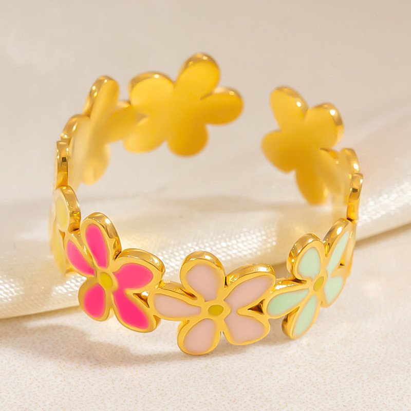 Bague à Manchette en Acier Inoxydable 304 avec Fleurs et Plaquage en Or 18K — Bijoux fantaisie