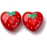 Opaque Acrylic Heart Beads with Strawberry Design, 17x18mm — Jewelry Beads