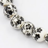 Brins de Perles Rondes en Porcelaine Imprimées à Motif Floral — Perles à bijoux