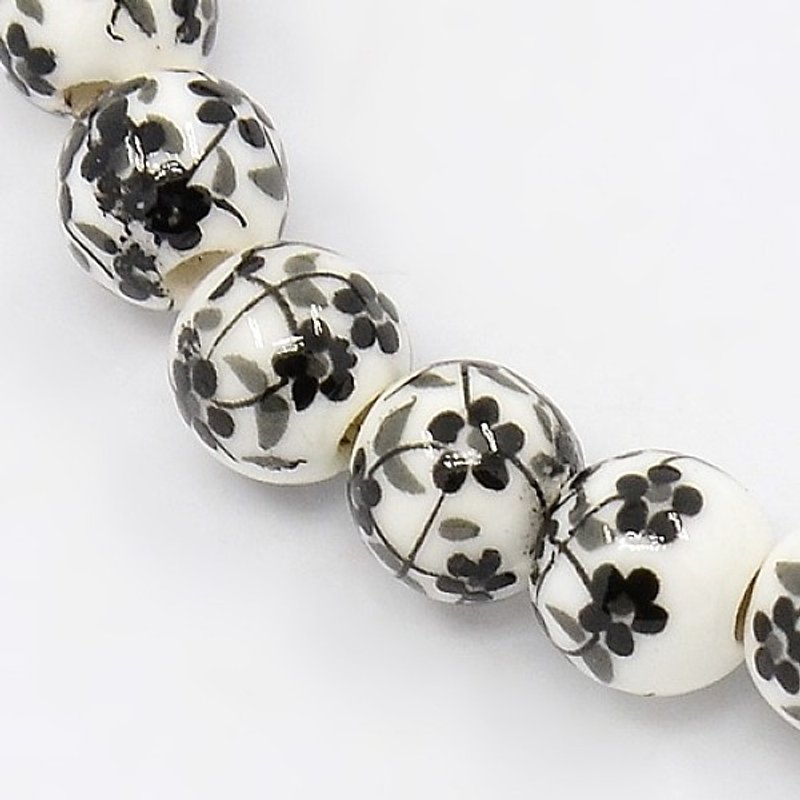 Handmade Printed Porcelain Round Beads Strands with Flower Pattern — Jewelry Beads