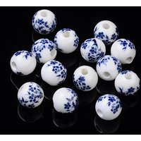Perles en Porcelaine Céramique Bleues et Blanches, Rondes, 10mm, Trou: 3mm — Perles à bijoux