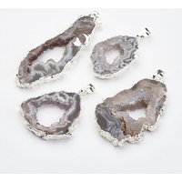 Natural Geode Agate Pendants with Brass Findings, Silver Plated — Charms & Pendants
