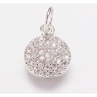 Brass Cubic Zirconia Flat Round Charms, Platinum, 10x8x2mm