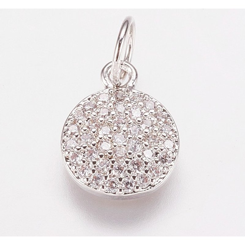 Brass Cubic Zirconia Flat Round Charms, Platinum, 10x8x2mm — Charms & Pendants