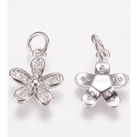 Brass Micro Pave Cubic Zirconia Flower Charms, Platinum, 12x10mm
