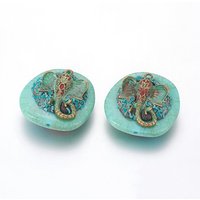 Perles faites à la main d'Indonésie avec design d'éléphant indien, turquoise moyen — Perles à bijoux