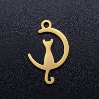 Pendentif Chat en Acier Inoxydable Ion Plating 201, Lune Croissante Dorée — Breloques et pendentifs