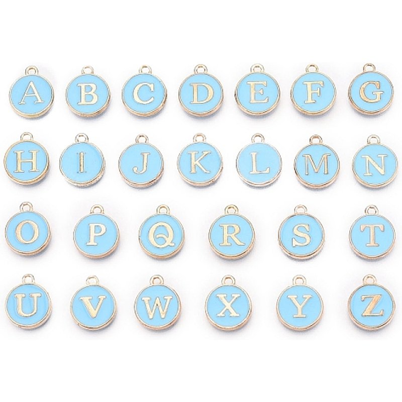 Charms Enamel Alphabet A-Z, Charms Disques Ronds Double Face, Bleu Ciel — Breloques et pendentifs