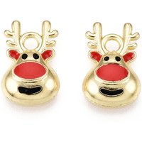 Golden Plated Alloy Enamel Christmas Elk Charms, 14x9x3mm