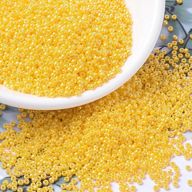 Miyuki Round Rocailles Beads, Japanese Seed Beads, Opaque Yellow Luster — Jewelry Beads