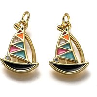 Brass Enamel Sailboat Charm with 18K Gold Plating and Jump Ring