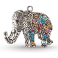 Tibetan Style Elephant Pendant in Antique Silver with Rhinestones