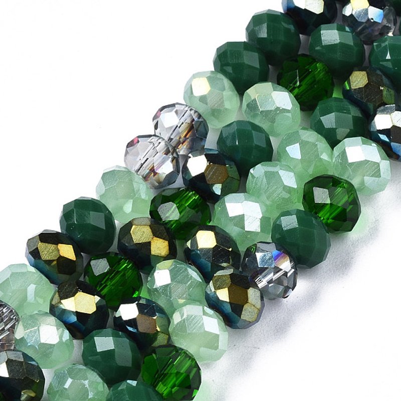 Brins de perles en verre électroplaqué, facettées, rondelles, vert mer — Perles à bijoux