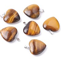 Natural Tiger Eye Heart Pendants with Platinum Tone Brass Findings