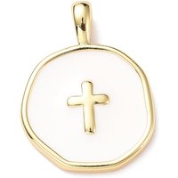 Brass Enamel Pendant, Light Gold, Flat Round with Cross
