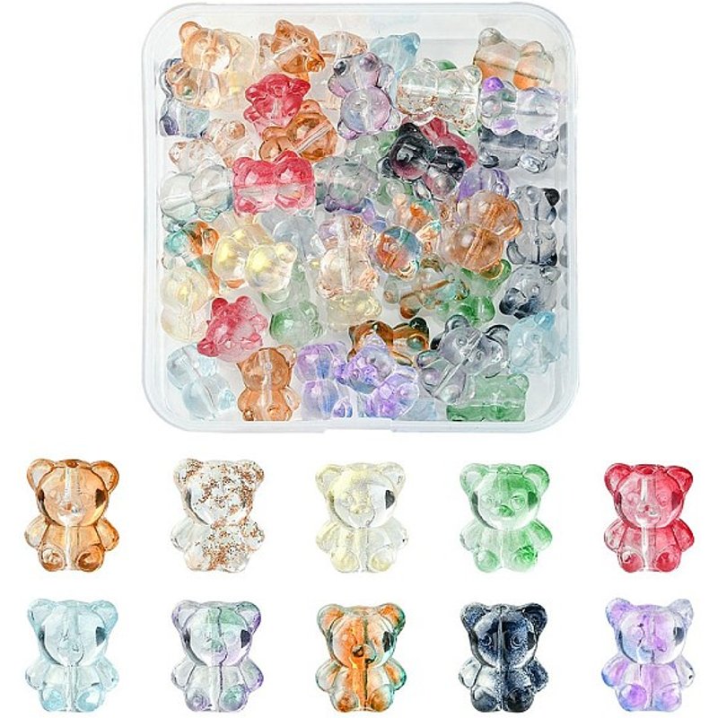 50Pcs Perles en Verre Soufflé à la Main en Forme d'Ours, 10 Couleurs — Perles à bijoux