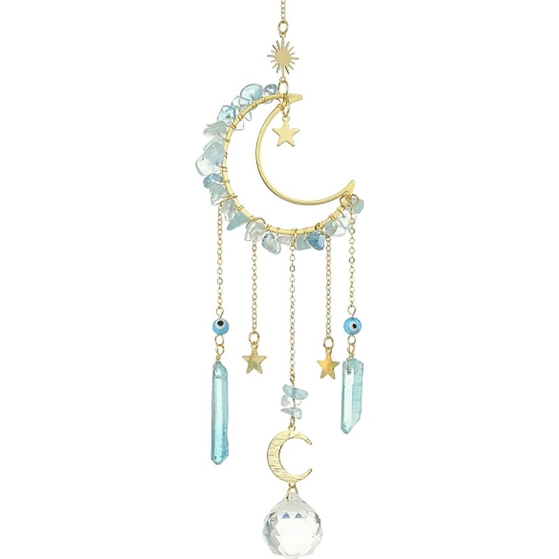 Moon & Star Brass Hanging Ornaments with Aquamarine Chips — Wall Decor