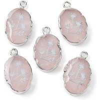 Pendants Ovales en Quartz Rose Naturel avec Fleur, Plaqué Platine — Breloques et pendentifs