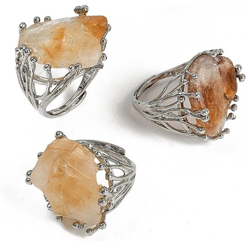 Nuggets Natural Citrine Adjustable Finger Rings in Platinum Tone — Costume Jewelry