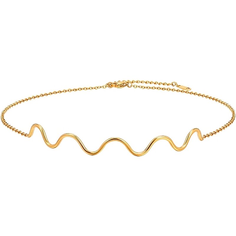 Collier Choker en Acier Inoxydable à Ligne Ondulée, Doré, 12,60 pouces — Collier pendentif