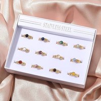 Round Natural Mixed Stone Finger Rings Set - 12pcs Adjustable Cuff Rings