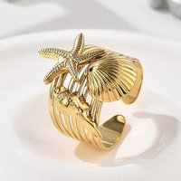 Bague ouverte en acier inoxydable 304 Starfish Shell, plaquée or 18K — Bijoux fantaisie