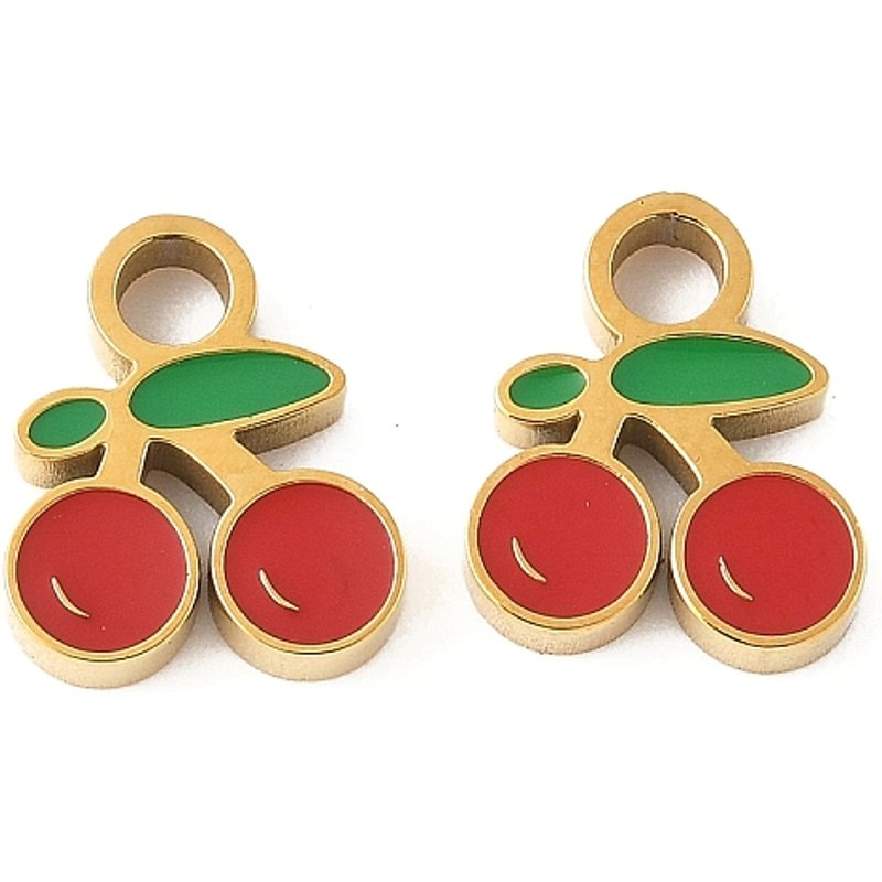 Charm en Émail Cerise Dorée en Acier Inoxydable 304 avec Trou de 2mm — Breloques et pendentifs