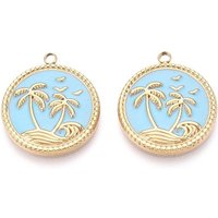 Pendentif rond plat en acier inoxydable 304 avec charme de palmier