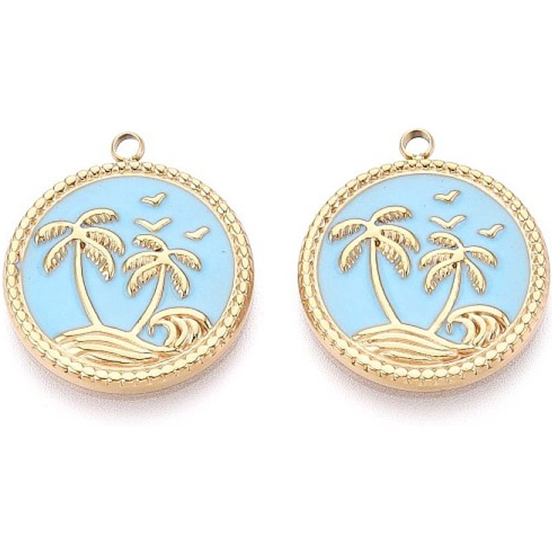304 Stainless Steel Flat Round Pendant with Coconut Tree Charm — Charms & Pendants