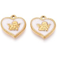 304 Stainless Steel Heart with Angel Charm Pendant, 18K Gold Plated