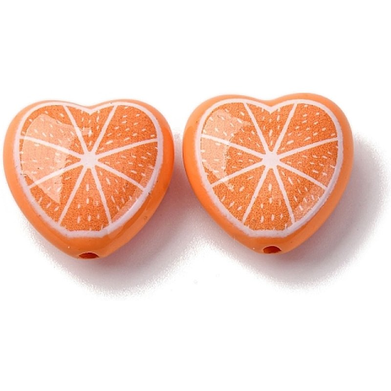 Perles Acryliques Opaques en Forme de Coeur avec Fruits, Orange, 17x18x8.5mm — Perles à bijoux