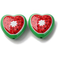 Opaque Acrylic Heart Beads with Watermelon Design, 17x18mm
