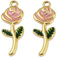 304 Stainless Steel Rose Flower Charms, 18K Gold Plated, Pink