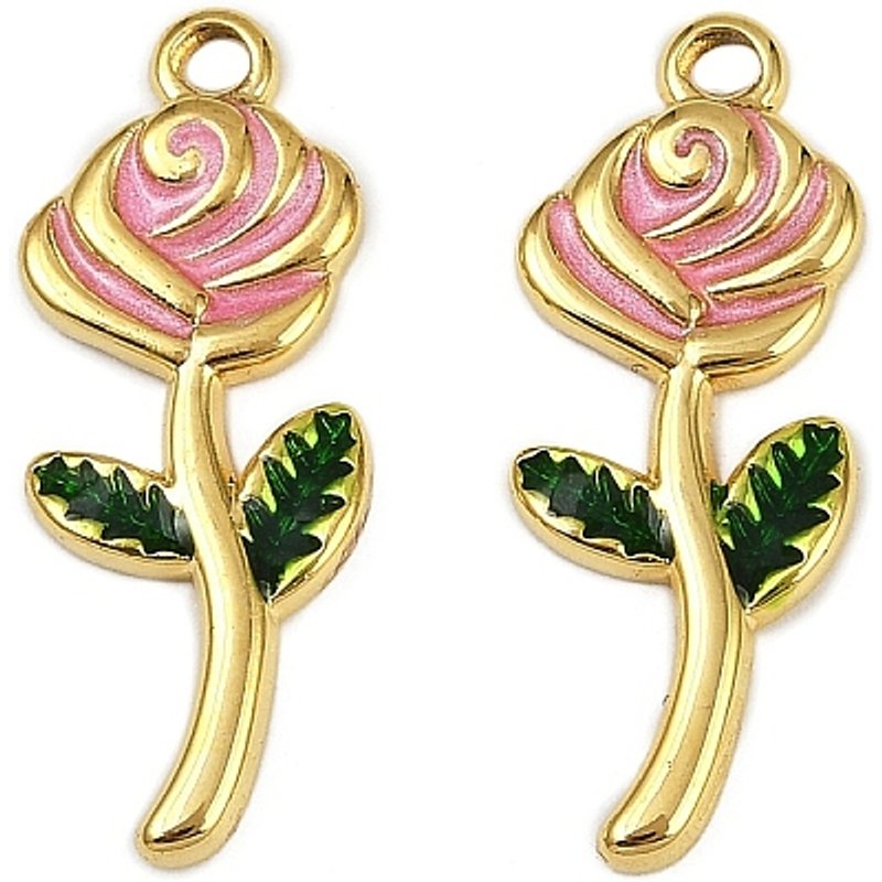 Charms en Acier Inoxydable 304, Fleurs Roses, Plaqué Or 18K, Rose — Breloques et pendentifs