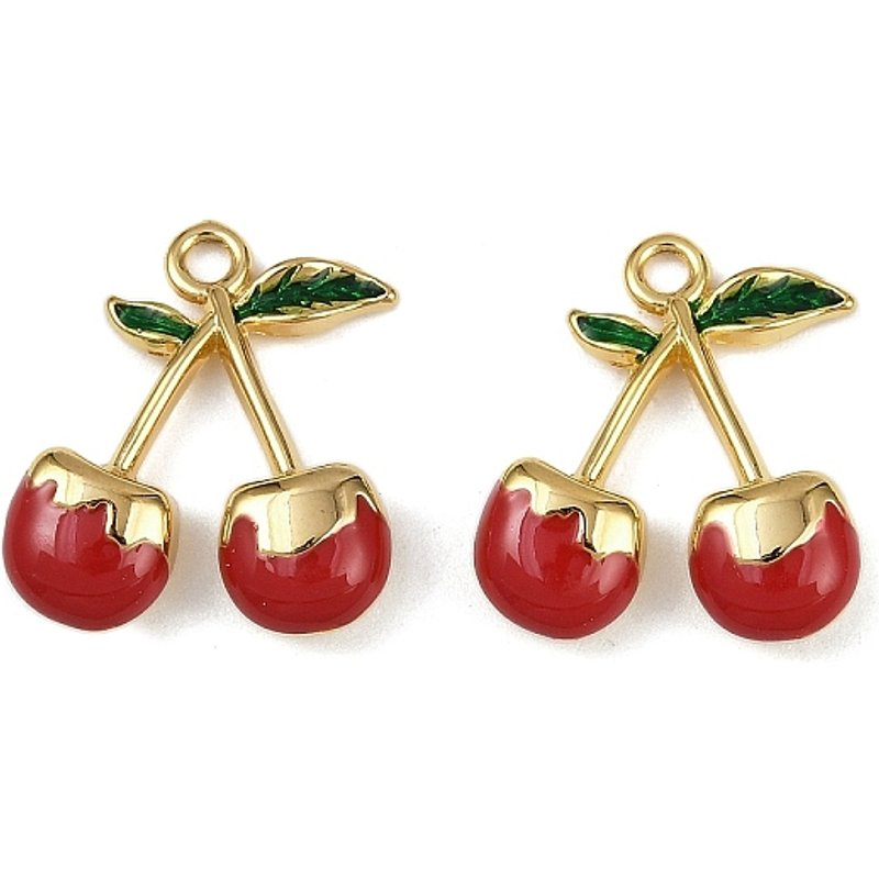 Charm en Émail de Cerise en Acier Inoxydable 304, Plaqué Or 18K — Breloques et pendentifs