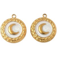 304 Stainless Steel Enamel Moon Charms Pendant, 18K Gold Plated