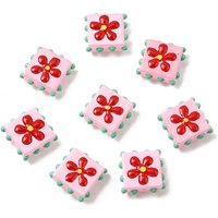 Handmade Lampwork Enamel Beads, Bumpy Square with Flower, Pink