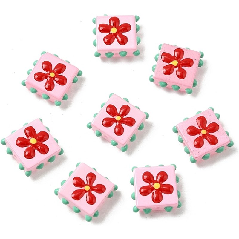 Perles en Émail Lampwork Fait Main, Carré Bosselé avec Fleur, Rose — Perles à bijoux
