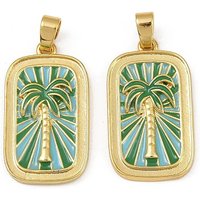 Brass Enamel Pendants with Coconut Tree Charms, Golden Rectangle