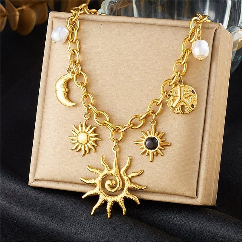 Collier Pendentif Soleil en Acier Inoxydable 304 avec Perles, Doré, 16,14 pouces — Collier pendentif